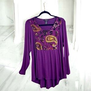Style & Co Blouse Size OX Paisley Floral Velvet Front Panel Long Sleeve Top New‎